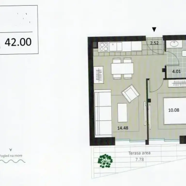 Skica stana od 42m2 sa pogledom na more
