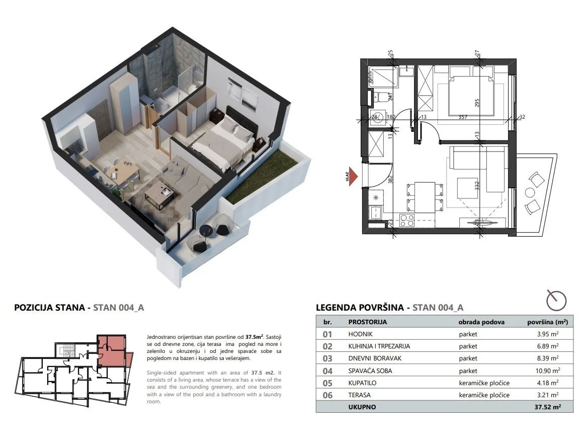 Skica stana povrsine 37,52m2