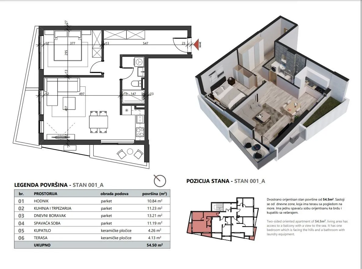 Skica stana povrsine 54,50m2