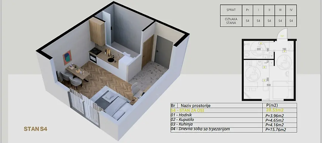 Skica garsonjere od  28m2