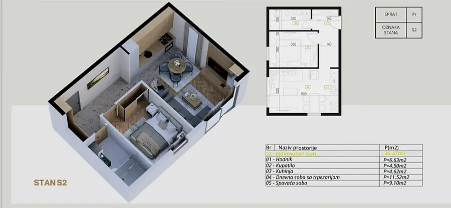 Skica jednosobnog stana povrsine 36m2